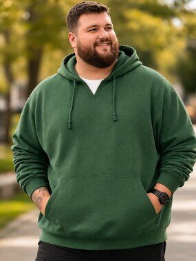 Green Pullover Hoodie 1XL Cotton Blend Kangaroo Pocket Casual Sweatshirt